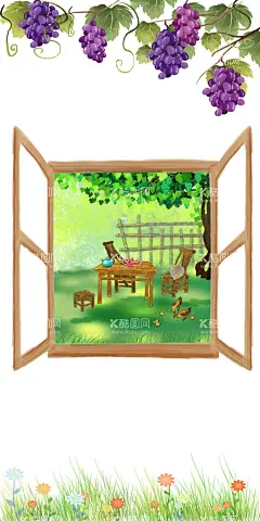 风景  - 源文件下载【酷图网】窗外风景,场景插画,卡通插画,彩色小清新,插画图案,创意插画,配图插画,插画,农家小院,葡萄架,葡萄藤,夏日,花草,草丛