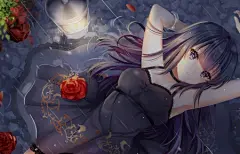 二次元 女子黑连衣裙 水 花瓣 3440x1440动漫壁纸