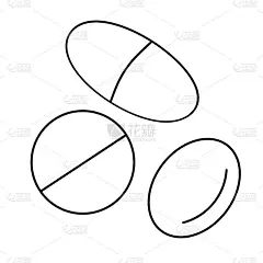 平线图标。有象形文字的黑色细线形片剂，椭圆形、圆形药品制剂。一把药。为网页设计手绘现代插图。