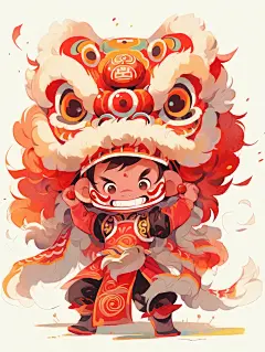 舞狮少年水彩插画喜庆海报