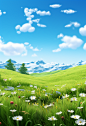 a green, beautiful landscape with flowers and blue sky, in the style of 8k 3d, landscape-focused