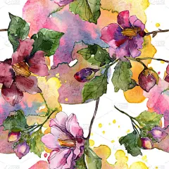 红色和紫色的山茶花。水彩插图集。无缝的背景模式。织物壁纸打印纹理.