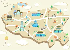 邯郸景点地图矢量插画 广府古城丛台公园娲皇宫七步沟