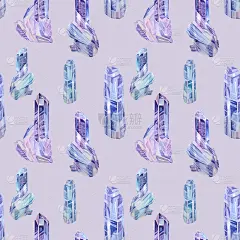 无缝模式水彩收集矿物蓝色水晶钻石孤立在灰色背景。冥想用的手绘宝石，办公用品，速写本，庆典，墙纸，包装