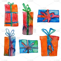 水彩圣诞套装礼品盒，孤立在白色背景。水彩艺术。光栅的版本。