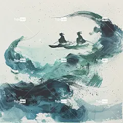 水墨画细致，描绘了远处三个小人物在海浪环绕的岛屿上划船。抽象