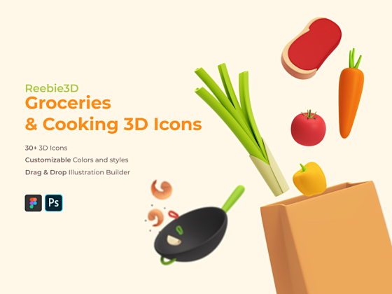 3D杂货烹饪图标和插图，reebie 3...