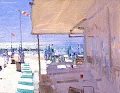 调性把握得温馨柔和、水天一色、光色交织的画面。让整个空气中都凝结出温柔的一面。可见艺术家只是借鉴对象却画出自己想要的效果，然把意境提高到几个层次