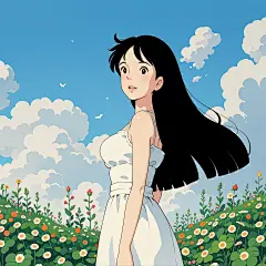 肖像，女，黑头发，全身，亚洲，白色吊带裙，小花小草，天空，漫画，(((宫崎骏)))，面部细节，手部细节，超清图