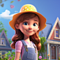 A young girl with a lemonade stand, wearing a colorful sundress and a wide-brimmed hat, standing in front of a quaint, suburban house. The lighting is warm and bright, with a soft glow around Lily and her lemonade stand,3D, Pixar Disney style art, with br