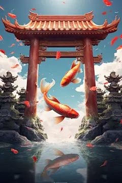 龙年大吉中国风龙年贺岁金龙跃龙门场景插画