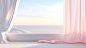 window, white curtains and pink cloth in front of sunrise ilha de mar atena 3d rendering, in the style of mountainous vistas, pastel color palette, flattened perspective, romantic illustrations, minimalist color palette, tabletop photography, realistic hy