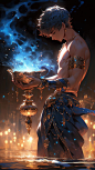 an image of a man in the water holding a lamp and looking down at it
