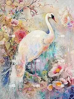 Ai产生的 白孔雀 鸟 盛开的花朵 复杂的图案 浅色 梦幻插画