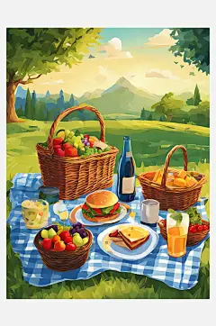 户外野餐卡通插画AI数字艺术-众图网