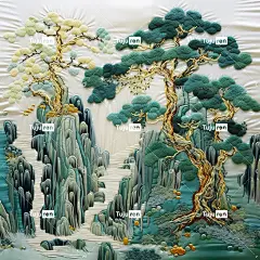 中国刺绣工艺金蓝绿山亭树、艺术创作、瀑布、纹理、极简色彩场、