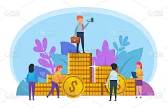 财务成功，老板，商业领袖的理念。小个子的人站在一大堆金币旁边。社交媒体海报，网页，横幅，展示