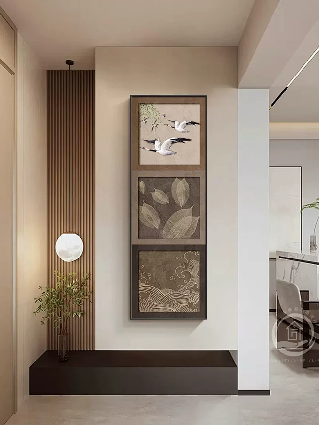 侘寂风玄关装饰画推拉式镜子挂画中古复古走...