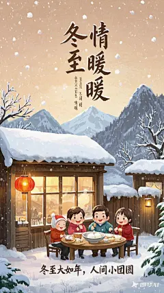 主题：冬至至，情暖暖_ 在一年中白昼最短、黑夜最长的冬至时节，一幅温馨美好的画卷正徐徐展开。_ 插画的主体画面，是一座被皑皑白雪覆盖屋顶的小院，烟囱里正袅袅升起炊烟，仿佛在召唤着归家的人儿。院内的餐桌