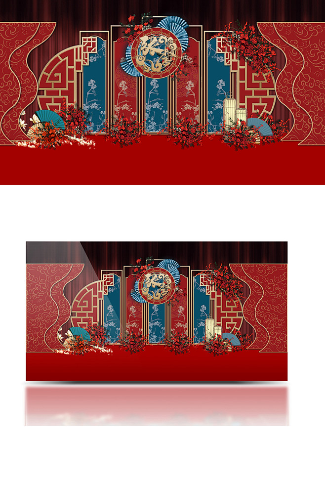 新中式红蓝婚礼效果图撞色中国风浪漫背景板
