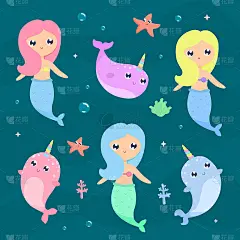 美人鱼和独角鲸矢量插图