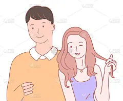 手绘的乒乓男孩和女孩近距离，卡通人物。浪漫情侣平面插画