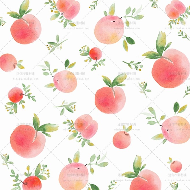 182号夏天水果粉色桃子平铺图案背景手绘...
