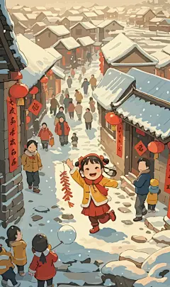 春节雪景街景庆春插画图形