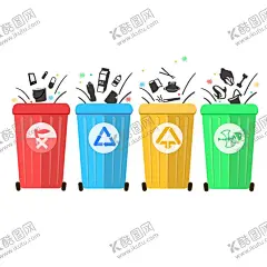 垃圾分类矢量扁平风手绘插画 【酷图网】电池,骨头,盒子,环保,简约,卡通,卡通手绘,筷子,垃圾分类,垃圾桶