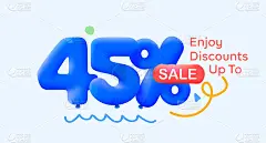 夏季特卖横幅以3d蓝色气球太阳矢量设计的形式45%折扣，季节性购物促销广告，插图3d号码为标签提供标