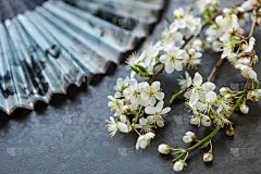 美丽的白色樱花树枝和中国扇子的特写照片。婚礼，订婚或订婚的概念在木制的背景。俯视图，卡片。