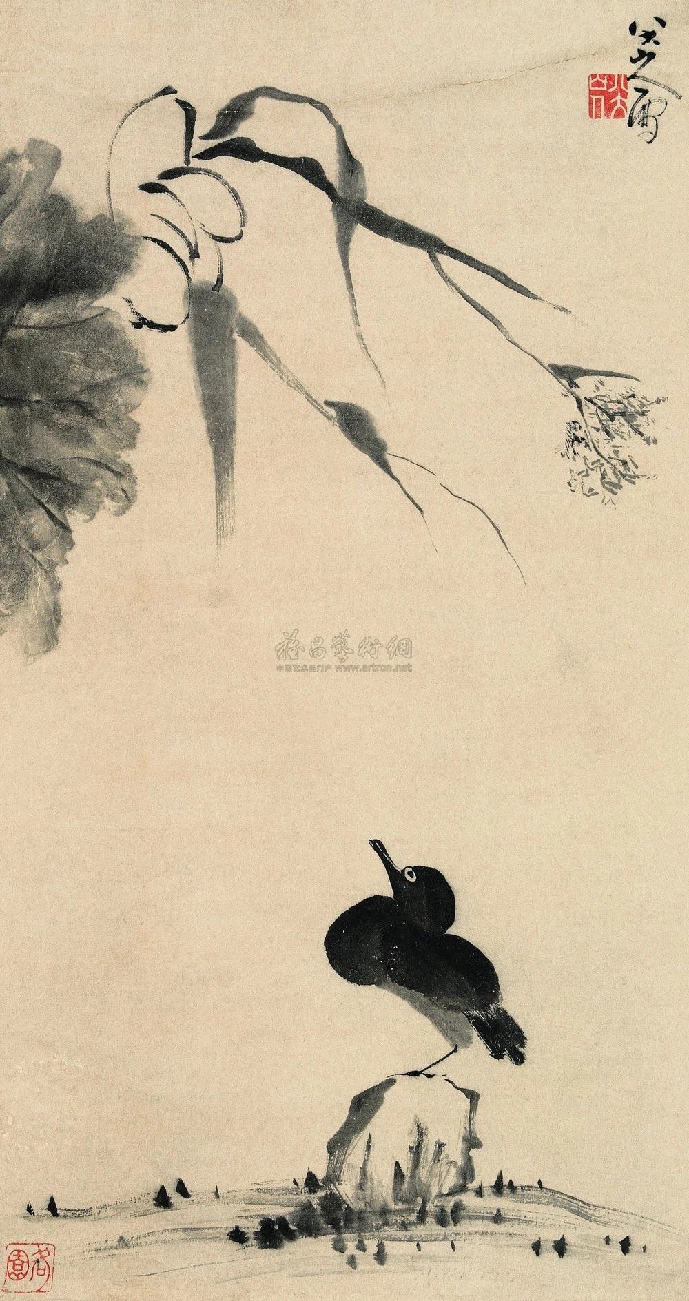 朱耷（八大山人）——款荷花鸟石花鸟立轴欣赏| 明末清初|朱耷(1626~1705