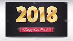 2018年新年快乐。黄金的体积数字。带有文字的红色横幅。黑色背景的祝贺海报。贺卡，海报，小册子或传单