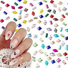 HINZIC 150 颗水钻美甲饰品,平背宝石彩色水晶玻璃珠宝面鞋装饰珠,迷你钻石方形矩形几何工艺亚克力指甲用品