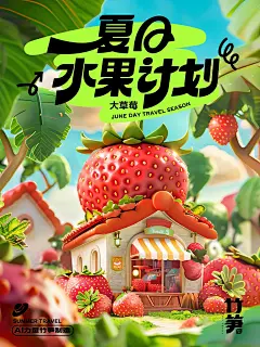 今天分享的是一个夏日水果题材用的海报，创意点是运用不同的水果装饰做店铺的特色店铺，分别运用了各种水果榴莲荔枝、苹果、西瓜、香蕉、草莓作为元素进行店铺的特色点进行设计，进行设计创意海报。以前运用3D做法非常慢，需要好几天，现在运用AI做创意可能只需要几分钟，大大提升了效率！
 
另外大家问的比较多的标题不是字体，是自己PS勾的字体设计。关键词分享在下面了，大家也可以自行修改关于水果关键词进行创意各种店铺！
 
关键词：3D rendering of a cartoon-style, cute and ado