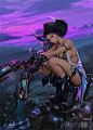 General 1920x2682 Artmong drawing women cowgirl futuristic hat purple sky field revolver science fiction