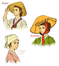 【韩】Soyeon Lee的韩国传统服饰插画   韩国传统帽子 satgat：男女通用，锥形的，芦苇制成的。 jeonmo：下层阶级常用，伞形，常用油纸制成。 头巾：它的式样根据地方的不同而不同。