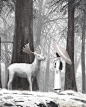 General 2769x3458 fantasy art forest trees women black hair umbrella kimono Japanese clothes deer animals antlers snow winter artwork illustration digital art drawing original characters GUWEIZ