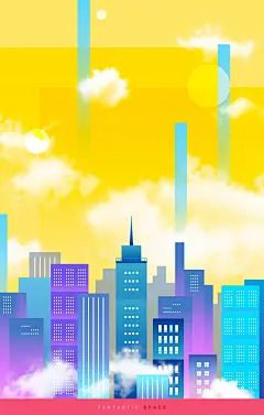 潮流扁平化建筑纪念碑谷渐变镭射海报插画背景PSD