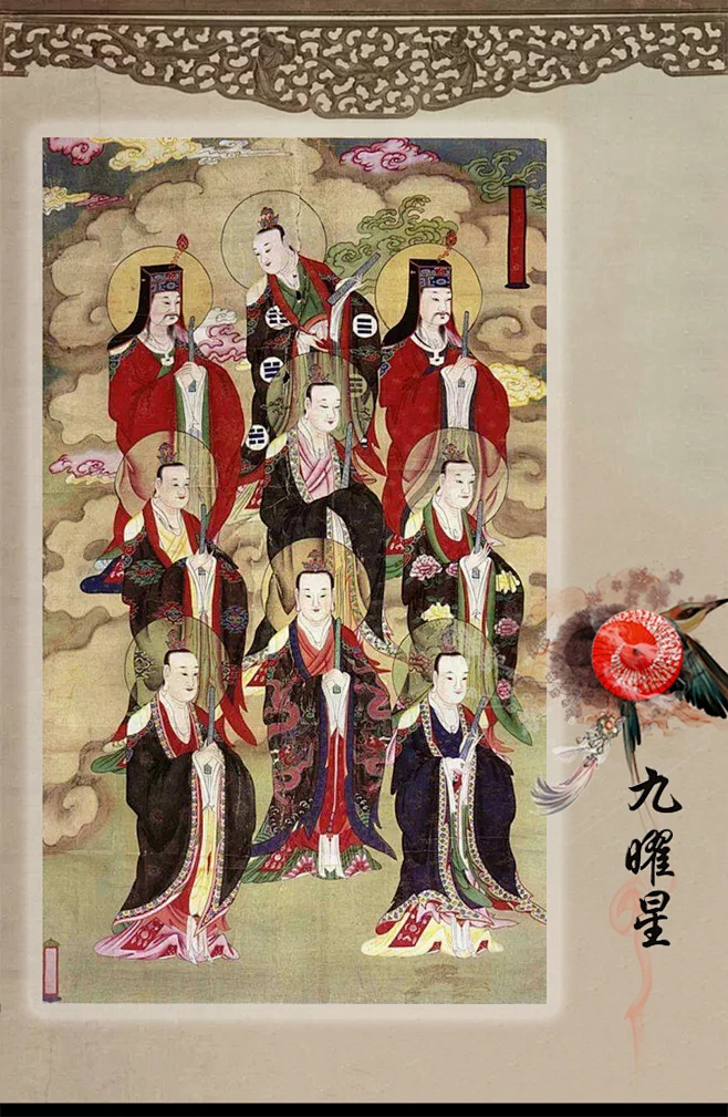 【九曜星】九曜星——指北斗七星（天枢、天璇、天玑、天权、玉衡、开阳、摇光）及辅佐二星（左辅、右弼）。 ---- 亦称"九执"。指梵历中的九星。 ---- 古代对九星的说法不一，或者认为是四方和五星，又认为是北斗七星和辅佐二星。风水术中的九星是贪巨禄文廉武破辅弼(死或作温)，它与二十四山向、五行相配合，组成艮丙贪狼木、巽辛巨门土、乾甲禄存土、坤乙辅粥木、坎辰申癸破军金、兑丁巳丙午武曲金、离壬寅戌文曲水、震庚亥未廉贞火。