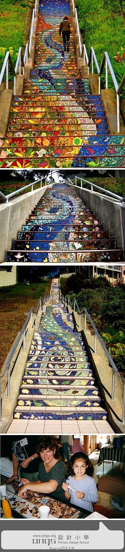 这条美丽的马赛克拼贴阶梯位于旧金山，30...