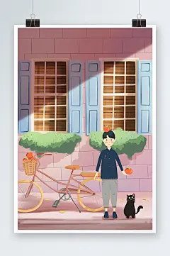 唯美男子和黑猫手绘插画设计-众图网