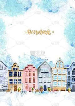 卡模板与斯堪的纳维亚的房子，北欧建筑，手绘在白色背景和蓝色水彩飞溅，丹麦卡设计