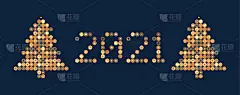 新年快乐2021矢量圆像素艺术排版。节日贺卡插图与树。条状字母，圆圈和点。几何新年海报像电子记分牌。