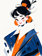 AI-丨平面插画丨极简粗狂笔触丨微笑女孩丨