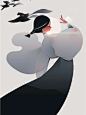 flat illustration of a poster for a show that features an asian woman flying through the air, in the style of eiko ojala, elegant brushstrokes, minimalism，kurt hutton, traditional animation, light silver and black, figurative art with a dreamy quality --a