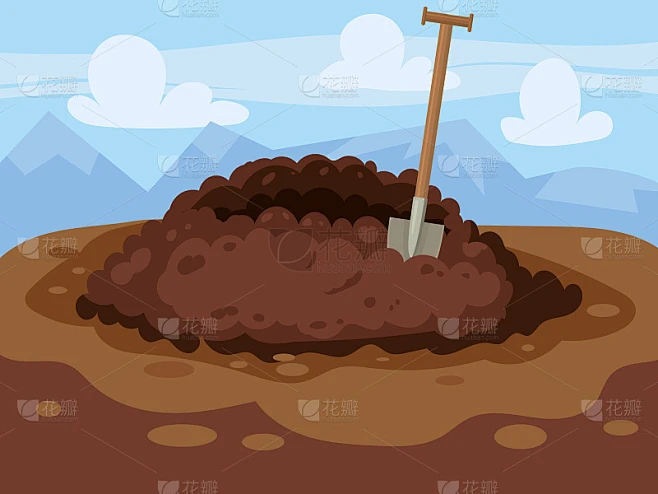 在地上挖洞，挖洞，挖土，堆土。矢量插图卡通风格素材-花瓣网