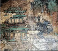 山西芮成的永乐宫纯阳殿东壁的壁画中，有一幅《武昌货墨》图，表现的是吕祖洞宾仙游武昌，在黄鹤楼卖墨，最后显化，驾鹤而去的传说。画中的黄鹤楼表现为一座两层三重檐歇山十字脊顶建筑，风格似乎又回到了南宋早期。