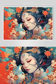 AI数字艺术手绘女孩国潮风孔雀插画-众图网