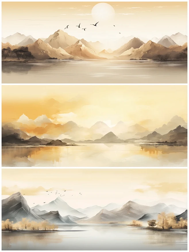 东方美学-鎏金山水|新中式国风山水风景插画-花瓣网